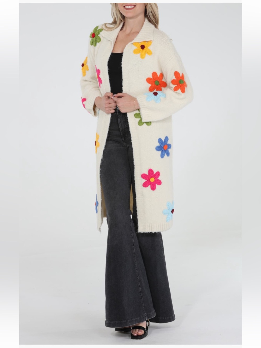 NEW Long Floral Appliqué Knit Coatigan- Ivory